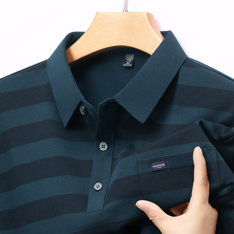 有真口袋男士长袖t恤春秋季条纹polo衫爸爸春装上衣服体恤衫免烫