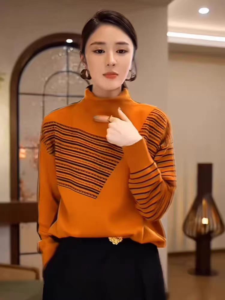 2025秋冬新款两面穿半高领拼色羊毛衫女宽松显瘦毛衣针织衫打底衫