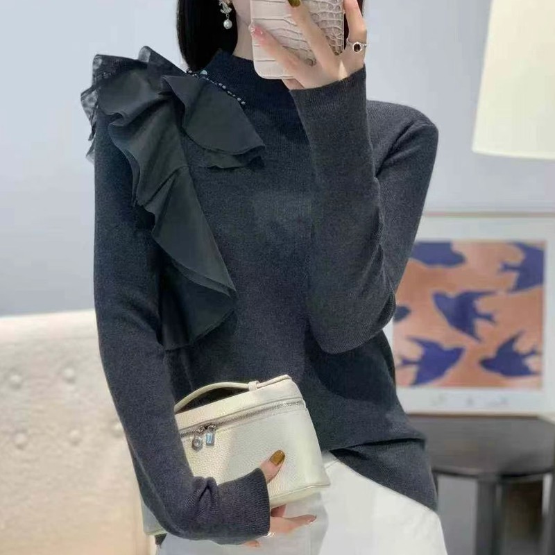 欧货时尚针织衫2025秋冬新款设计感荷叶边钉珠半高领百搭羊毛上衣