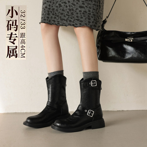 小码平跟短靴女3233皮带扣马丁靴