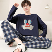 加肥加大码 男士 卡通青少年全棉薄款 家居服套装 睡衣长袖 纯棉春秋季