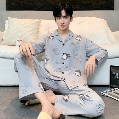 男士冰丝大码睡衣长袖家居服套装