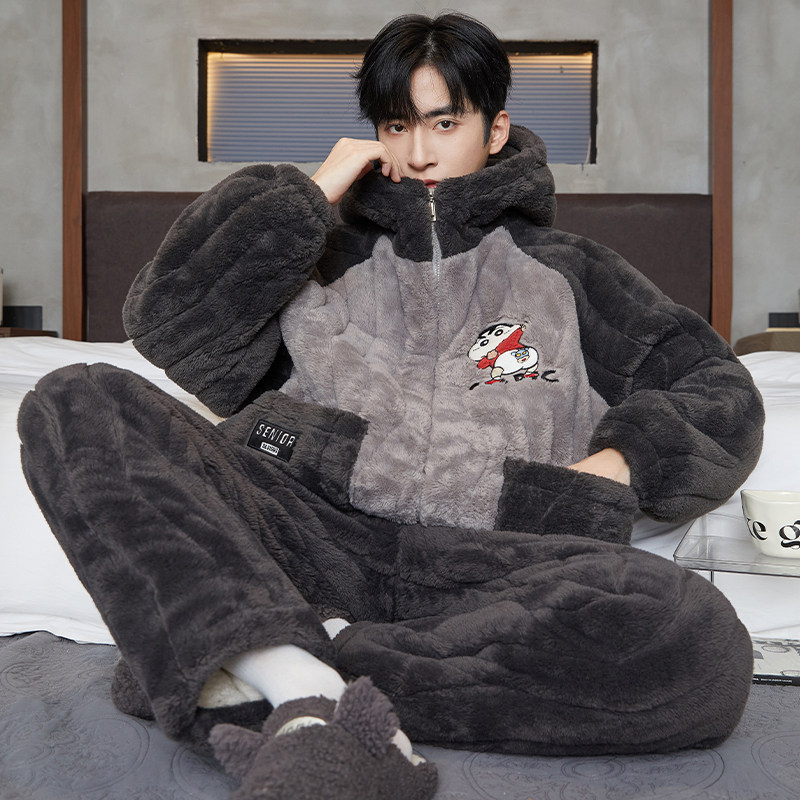 秋冬季三层夹棉睡衣男士珊瑚绒加厚加绒冬款加大码男款家居服套装