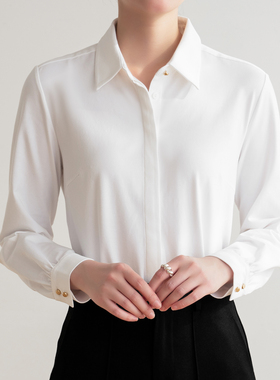 长绒精梳棉POLO领基础款春秋长袖衬衫职场通勤百搭纯棉打底衬衣女