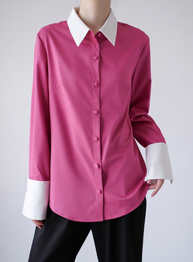 【可拆领口袖口】玫红拼白色设计感衬衫女春新款通勤气质长袖衬衣