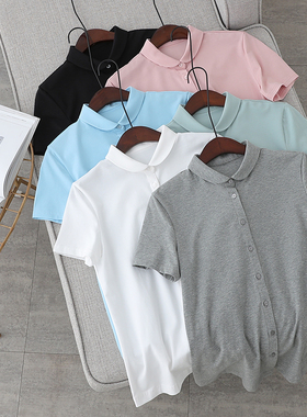 透气纯棉日系小圆领短袖弹力棉衬衫女别致通勤工装显瘦t恤上衣夏