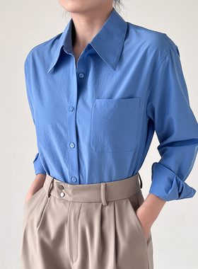 果汁衬衫！克莱因蓝法式空气感职业通勤春夏微宽松廓形长袖衬衣女