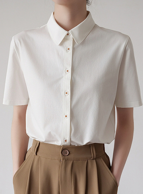 夏季丝滑针织纯棉弹力白色衬衫女短袖通勤气质休闲职场polo上衣