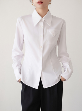 通勤修身白色长袖衬衫女尖领气质显瘦职场正装衬衣竹纤维抗皱免烫