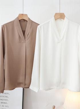 缎面V领白色内搭衬衫女 长袖职业气质通勤衬衣垂感面试上衣春2025