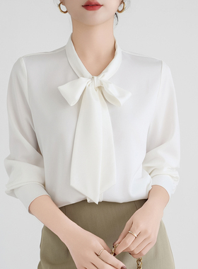 缎面垂感白色衬衫女士长袖通勤职业衬衣气质蝴蝶结飘带叠穿上衣春