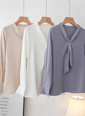 春装新款雪纺优雅V领飘带长袖白色衬衫女 职场工装设计感小众上衣