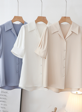 法式短袖白色衬衫女设计感小众夏季透气垂感雪纺职业面试通勤衬衣