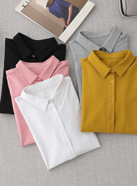 秋冬polo领针织弹力舒适磨毛纯棉长袖衬衫女打底亲肤职场通勤上衣