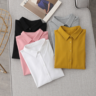 春秋polo领针织弹力舒适磨毛纯棉长袖 女打底亲肤职场通勤上衣 衬衫