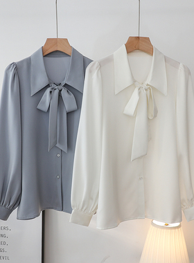 2025春装新款缎面蝴蝶结衬衫女长袖设计感小众轻熟港风气质OL上衣