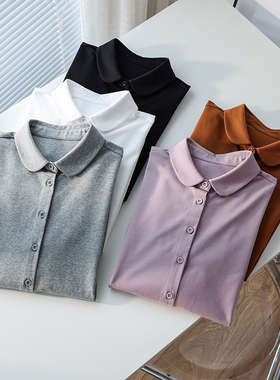 春秋磨毛针织弹力舒适纯棉长袖衬衫女娃娃领简约职场通勤polo上衣