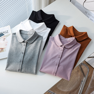 秋冬磨毛针织弹力舒适纯棉长袖 女娃娃领简约职场通勤polo上衣 衬衫