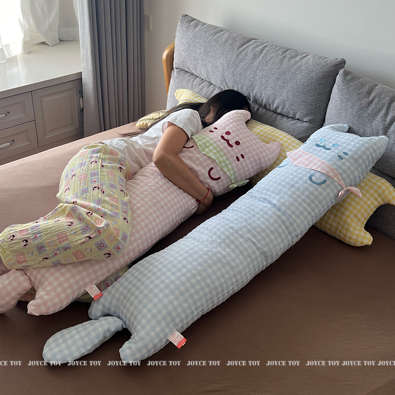 可爱卡通猫咪格子长条抱枕床上女生睡觉可拆夹腿靠枕卧室宿舍靠背