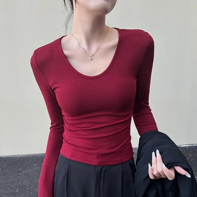 夏季黑色显瘦修身长袖T恤女款