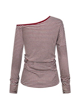 Lifenotes红色斜肩上衣t恤条纹辣妹修身显瘦短款长袖
