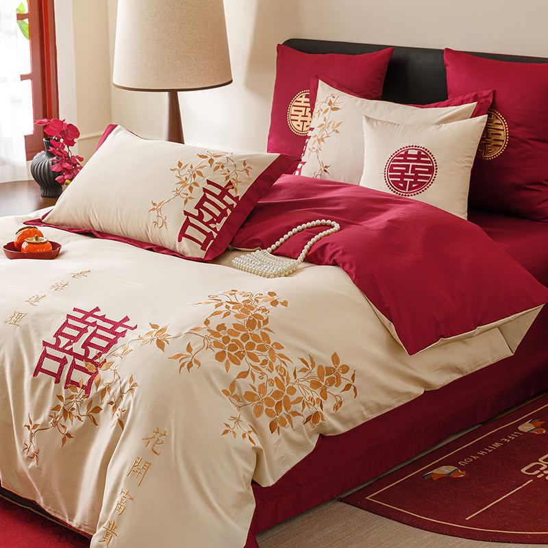 家品罗兰家纺婚庆全棉长绒棉结婚四件套纯棉床单被套枕套喜庆红色