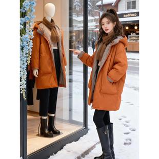 显白气质欧版中长款棉服外套女冬季新款大码宽松慵懒时尚棉衣袄子