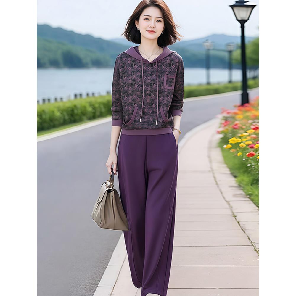 2025年春秋新款时尚套装女复古风洋气连帽印花长袖卫衣休闲哈伦裤