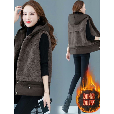 羊羔毛时尚马甲女士2025秋冬新款韩版宽松连帽夹克皮毛一体短外套