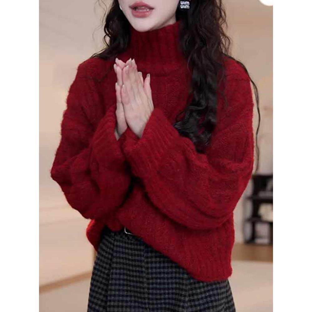 高领纯色麻花毛衣女2025年秋冬新款慵懒风软糯舒适加厚保暖针织衫
