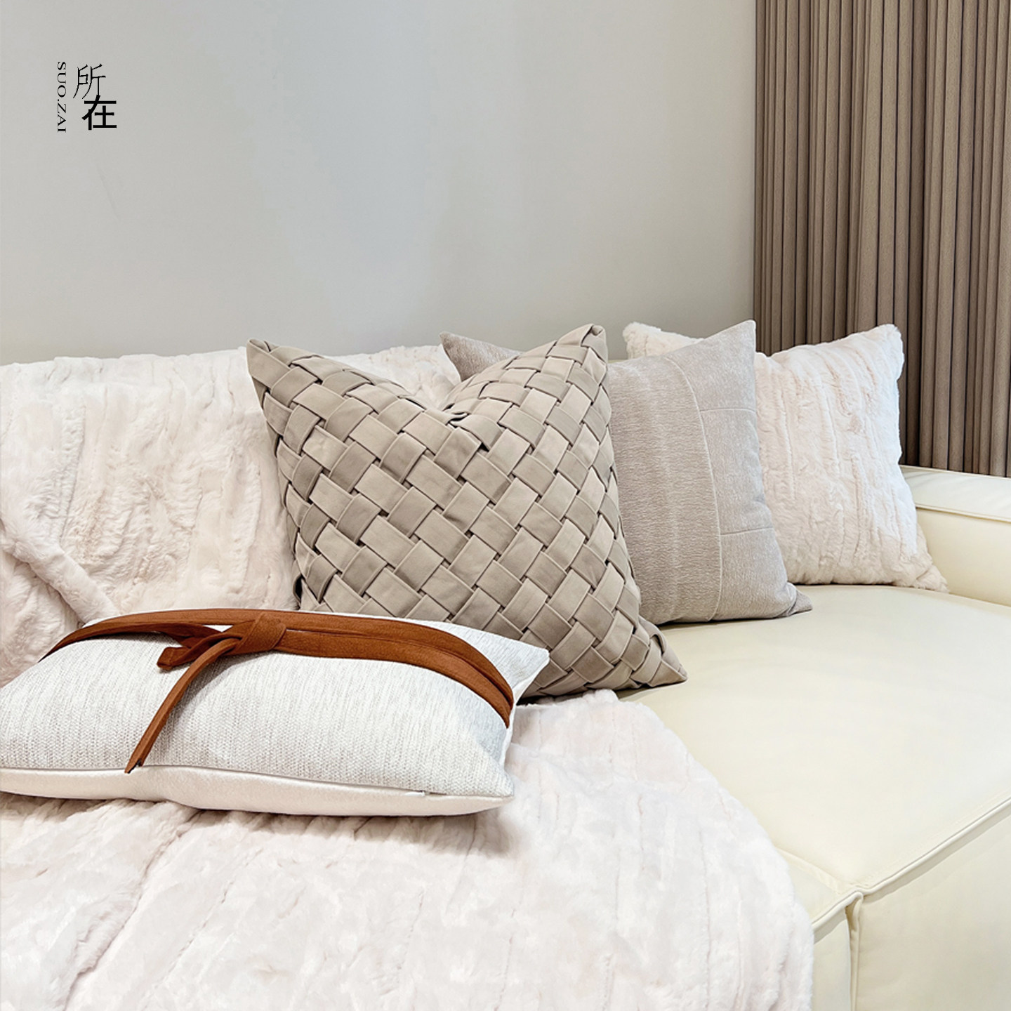 现代简约奶咖色编制格子抱枕轻奢奶油风客厅沙发样板间靠垫套靠枕