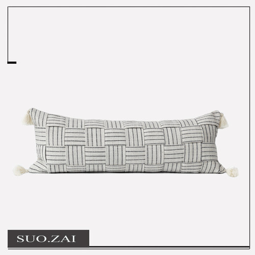 诧寂风米色编织沙发抱枕长腰枕
