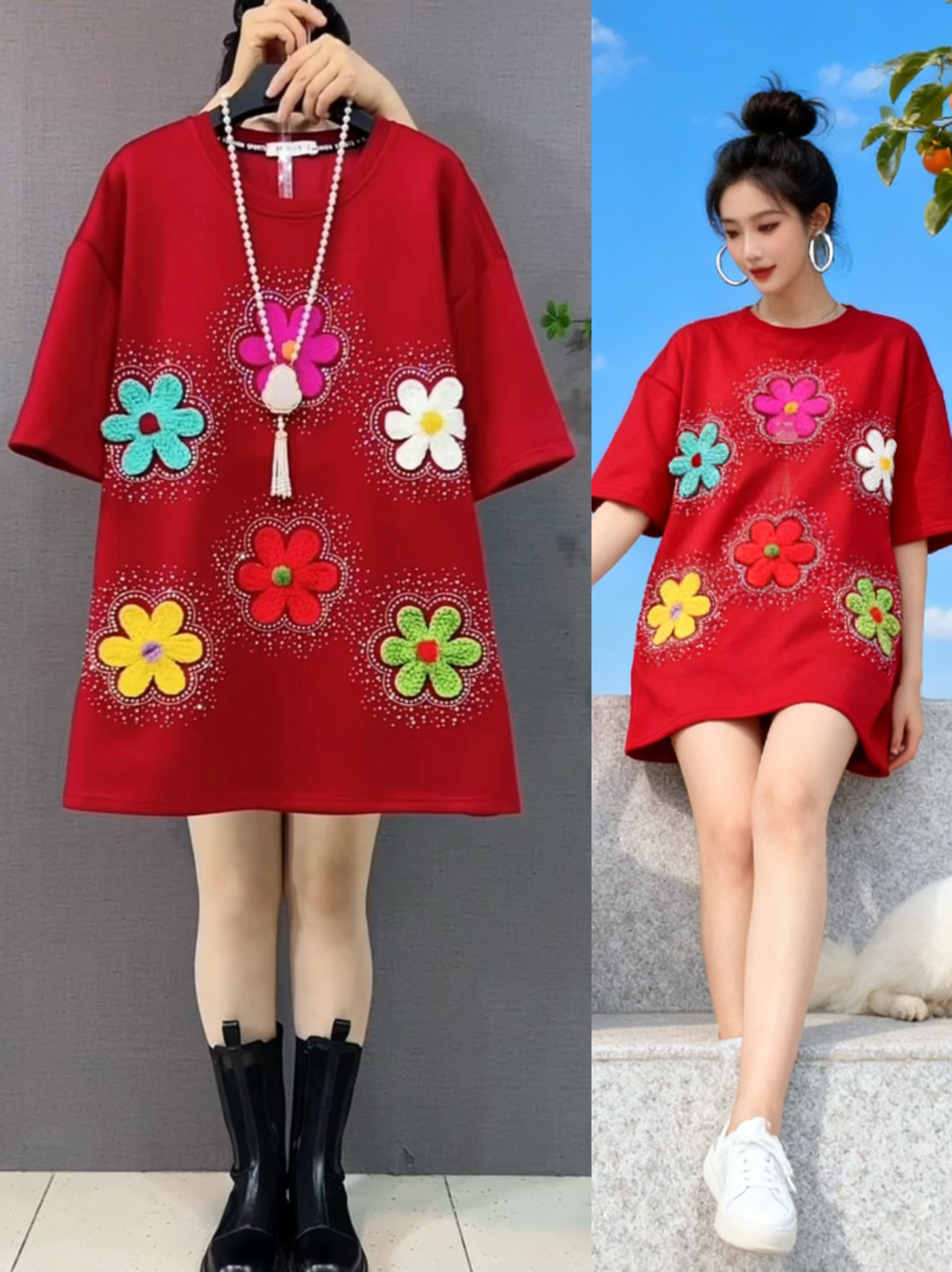 秋冬大码重工短袖T恤刺绣花朵宽松显瘦洋气减龄打底中长款内搭潮