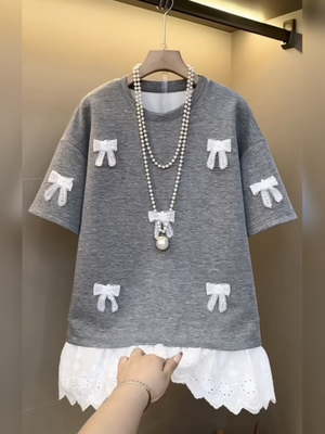 秋冬大码女装蕾丝花边短袖T恤立体蝴蝶结宽松显瘦减龄内搭上衣潮