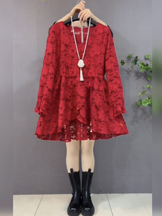 秋冬大码重工蕾丝抽绳显瘦美裙女洋气减龄显瘦中长款打底衫小个子