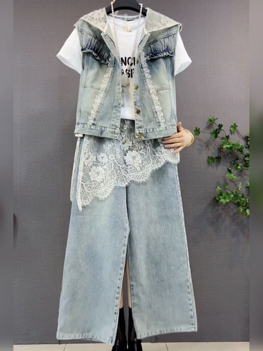 早春大码韩版宽松显瘦蕾丝拼接牛仔马甲阔腿裤三件套胖妹妹套装潮