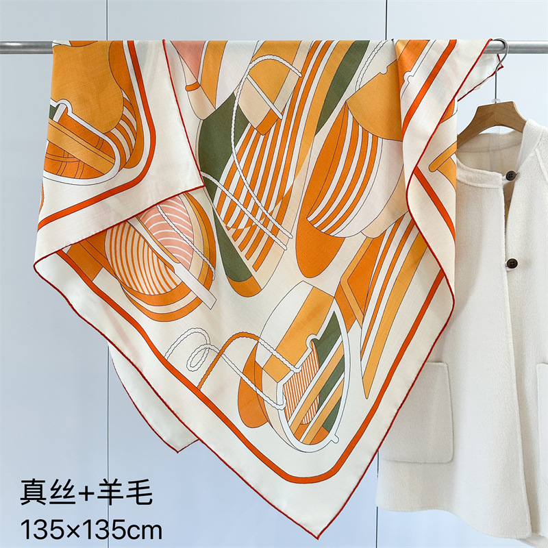 杭州丝绸橘色真丝羊毛保暖围巾女