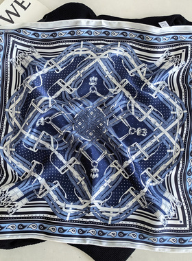 马嚼锁环桑蚕丝53小方巾女款蓝色