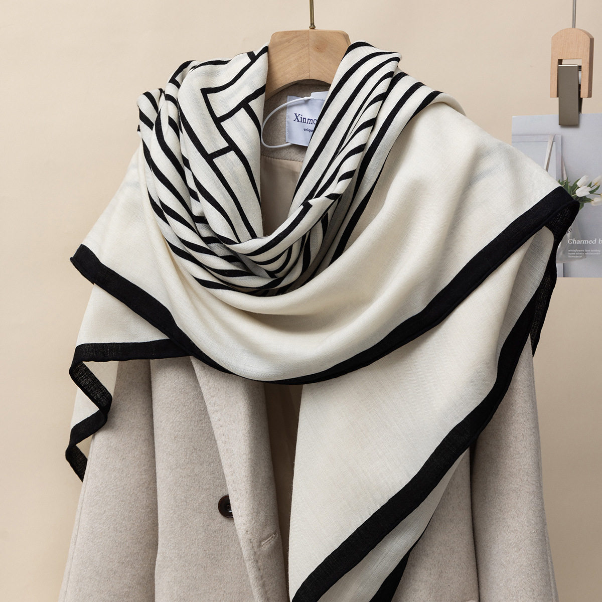 韩版黑白色条纹100%羊毛围巾女冬季高级感气质保暖大方巾时尚披肩