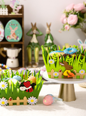 新款复活节装饰用品绿色兔子收纳篮子无纺布瓢虫复活节收纳