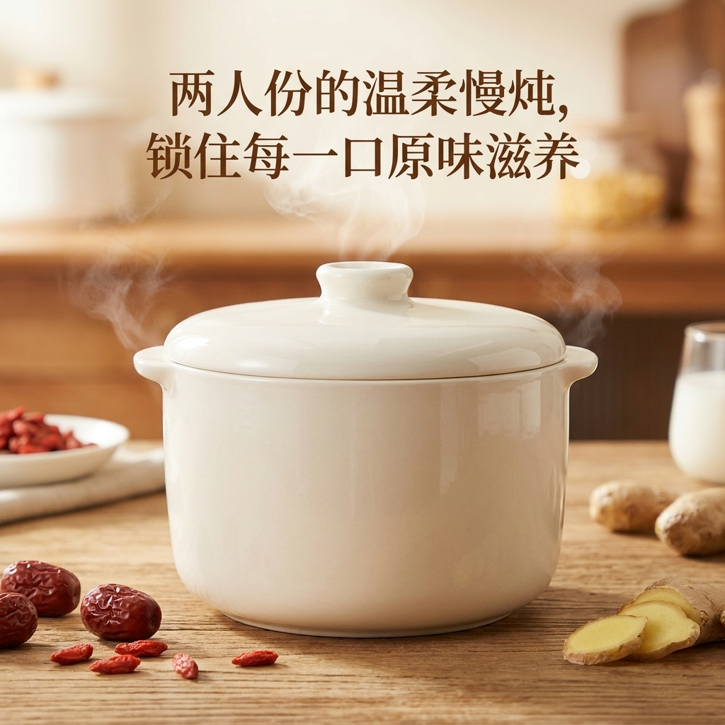 2人份陶瓷隔水炖盅双耳带盖双人份汤煲家用0.85L蒸罐电炖锅大内胆