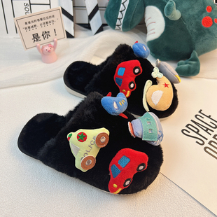 黑色男童卡通汽车棉拖鞋男款冬防滑幼儿童男孩宝宝2025新款秋冬季