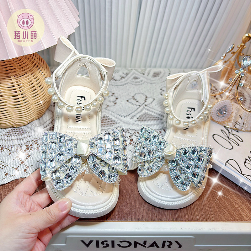 女童洋气罗马凉鞋水钻蝴蝶结公主鞋白色儿童沙滩鞋小学生宝宝女宝