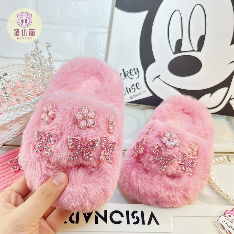 儿童棉拖鞋冬季女外穿手工秋冬女童毛毛鞋豹纹一脚蹬厚底高级感宝