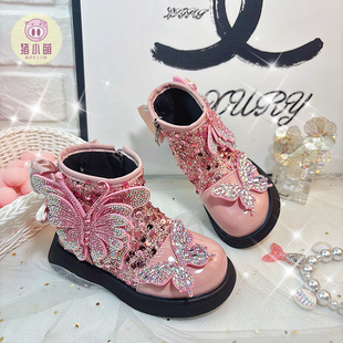 儿童粉色2026新款秋冬女孩软底蝴蝶防水短靴女童公主皮靴女童皮鞋