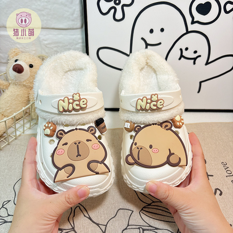 新款白色卡巴加绒洞洞鞋儿童保暖女童男童宝宝室内棉拖鞋2026新款