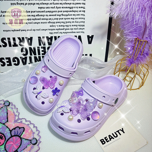 紫蝶厚底洞洞鞋女童一体拖鞋游泳外穿可湿水泳池儿童夏日洋气户外