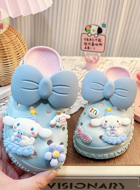 儿童洞洞鞋蓝色蝴蝶结女款2025新款人字拖女童女夏季拖鞋女孩增高