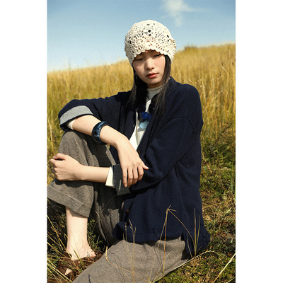 云栖橪 纯羊绒复古老钱风撞色上衣开衫外套