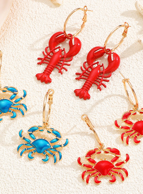 Seafood Earrings海鲜派对夏日明艳红色大龙虾蓝螃蟹沙滩度假耳环